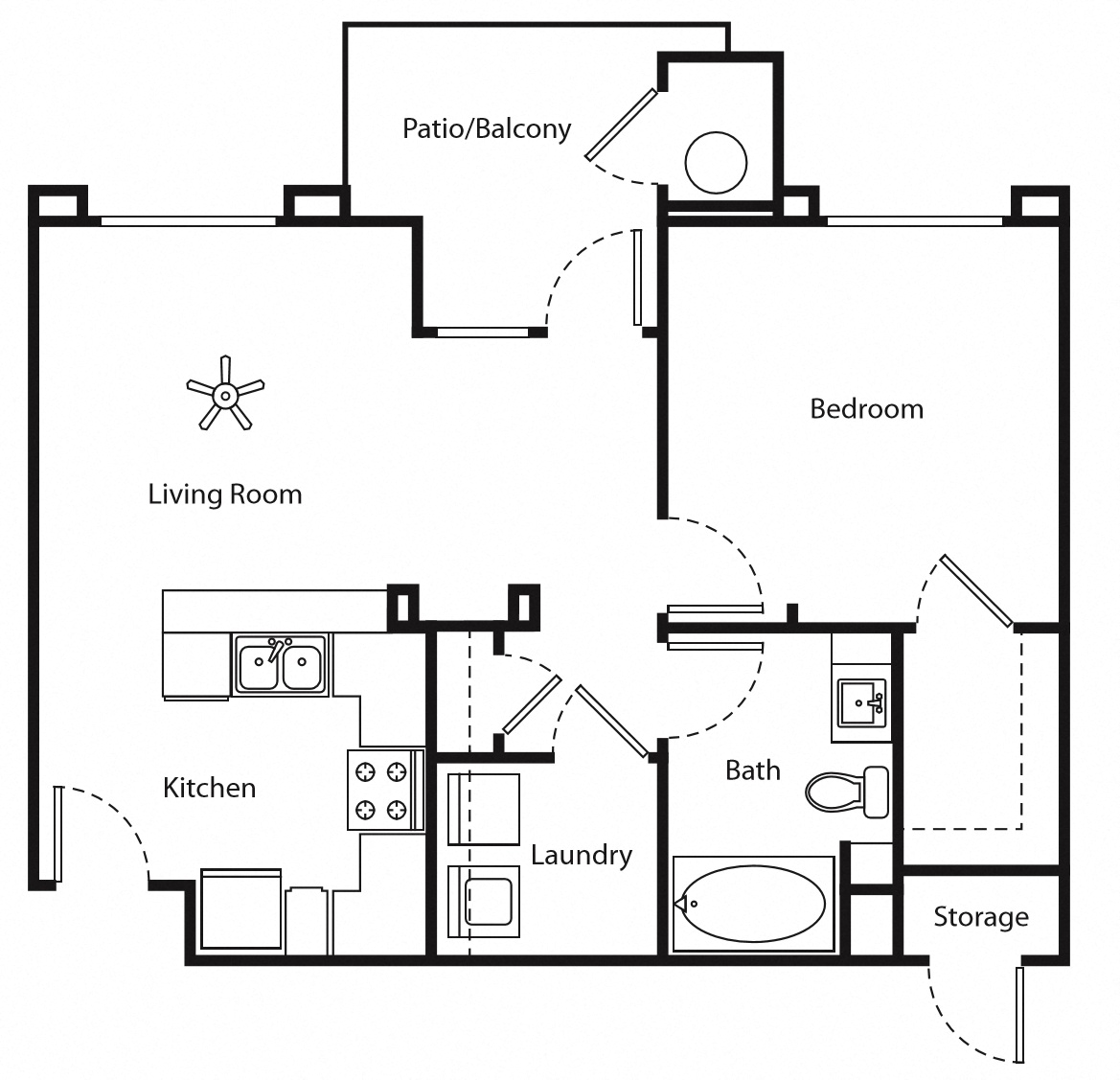 Floor plan for 1 bed, 1 bath, 741 sqft